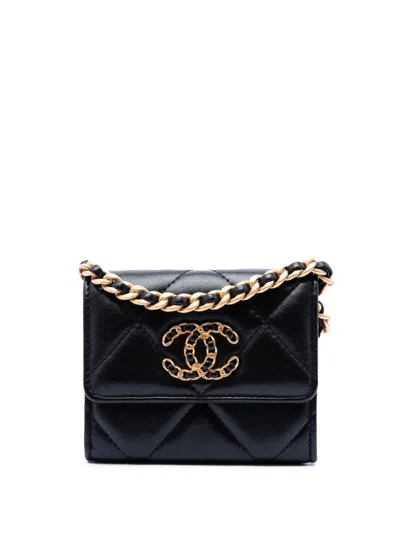 Pre-owned Chanel 2020 Quilted Lambskin 19 Flap Coin Purse With Chain Crossbody Bag In Black