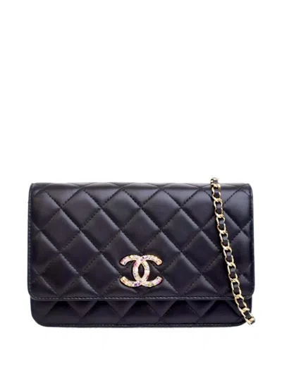 Pre-owned Chanel 2020 Quilted Lambskin Crystal Cc Wallet On Chain Crossbody Bag In Black