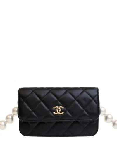 Pre-owned Chanel 2020 Quilted Lambskin Maxi Pearls Clutch With Chain Crossbody Bag In Black