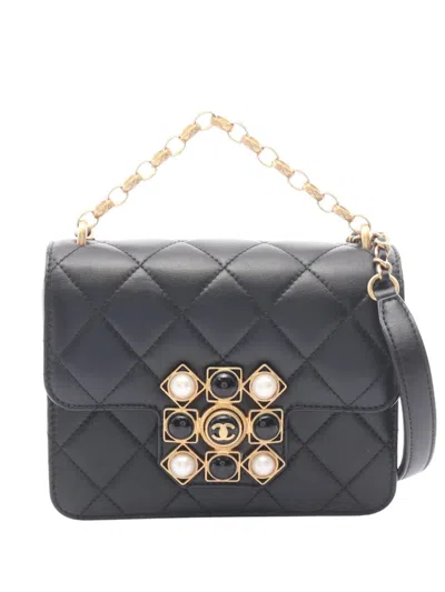 Pre-owned Chanel 2020 Quilted Lambskin Onyx Pearl Flap Satchel In Black