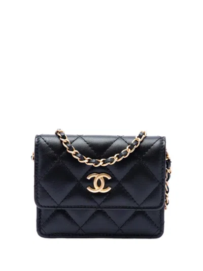 Pre-owned Chanel 2020 Quilted Lambskin Romance Card Holder On Chain Crossbody Bag In Black