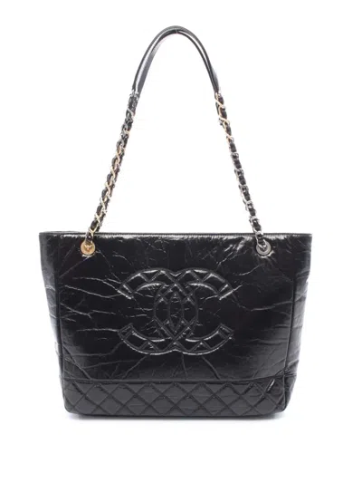 Pre-owned Chanel 2020 Quilted Shiny Aged Calfskin Shopping Tote Bag In Black