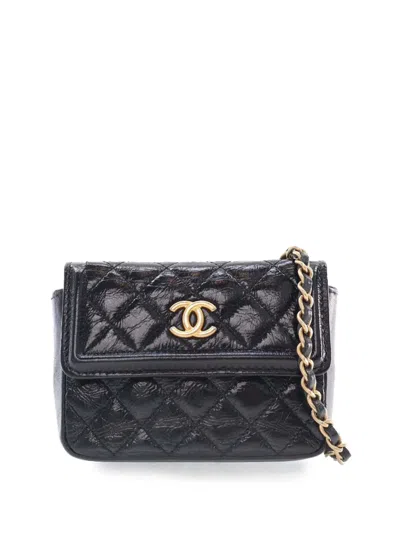 Pre-owned Chanel 2020 Quilted Shiny Aged Calfskin Waist Belt Bag In Black