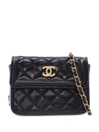 Pre-owned Chanel 2020 Quilted Shiny Aged Calfskin Waist Belt Bag In Black