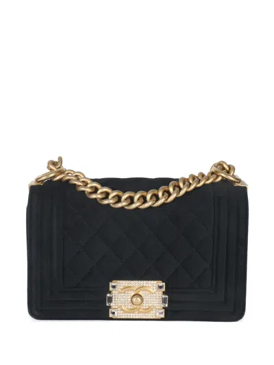 Pre-owned Chanel 2020 Quilted Strass Velvet Boy Crossbody Bag In Black