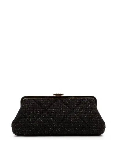 Pre-owned Chanel 2020 Quilted Tweed Kisslock Clutch Bag In Black