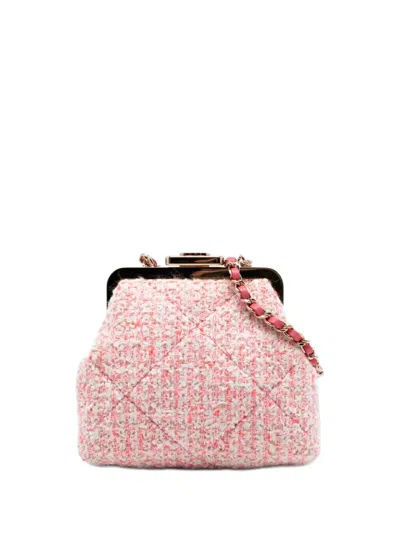 Pre-owned Chanel 2020 Quilted Tweed Kisslock Clutch With Chain Crossbody Bag In Pink