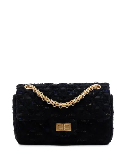 Pre-owned Chanel 2020 Quilted Tweed Reissue 2.55 Single Flap 224 Shoulder Bag In Black