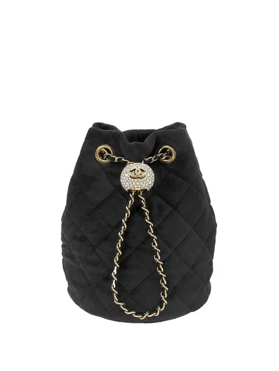 Pre-owned Chanel 2020 Quilted Velvet Crystal Pearl Crush Bucket Bag In Black