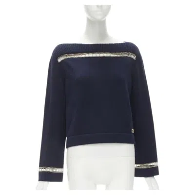 Pre-owned Chanel 2020 Runway 100% Cashmere Navy Gold Chain Trim Boat Neck Sweater Fr38 In Blue