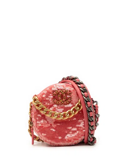 Pre-owned Chanel 2020 Sequin Lambskin 19 Round Clutch With Chain Satchel In Pink