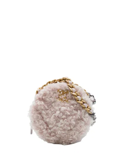 Pre-owned Chanel 2020 Shearling 19 Round Clutch With Chain Satchel In Pink