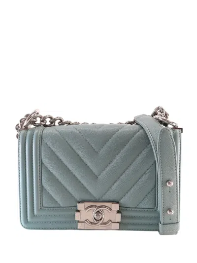 Pre-owned Chanel 2020 Small Chevron Caviar Boy Flap Crossbody Bag In Blue