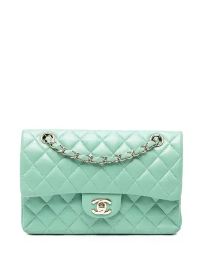 Pre-owned Chanel 2020 Small Classic Lambskin Double Flap Shoulder Bag In Green