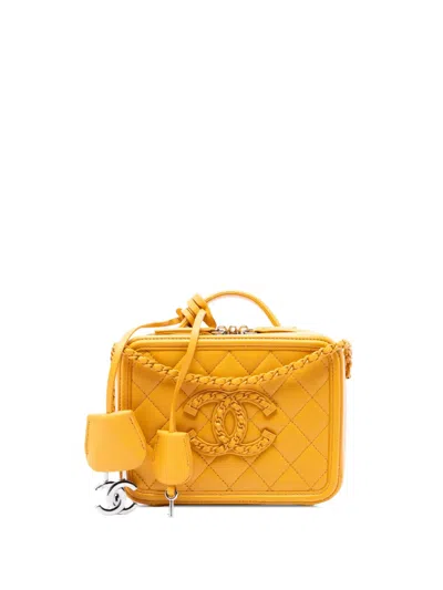 Pre-owned Chanel 2020 Small Lambskin Cc Filigree Incognito Vanity Case Satchel In Yellow