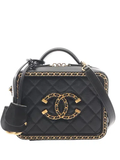 Pre-owned Chanel 2020 Small Lambskin Cc Filigree Vanity Case Satchel In Black