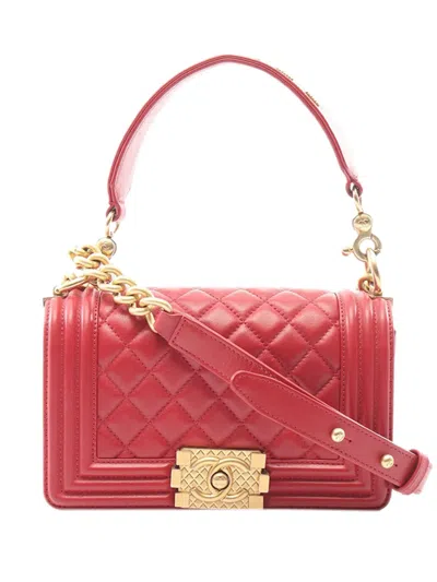 Pre-owned Chanel 2020 Small Quilted Lambskin Boy Flap Satchel In Red