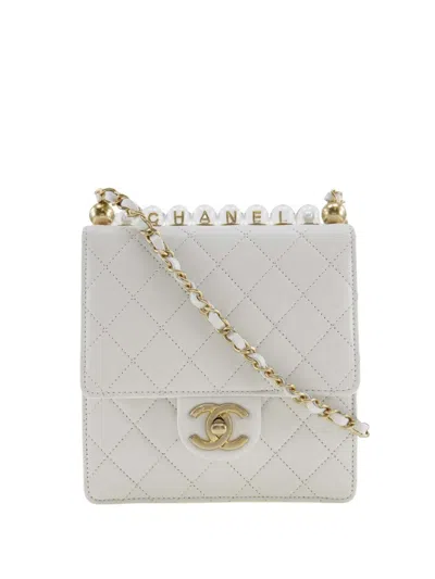 Pre-owned Chanel 2020 Small Quilted Lambskin Chic Pearls Flap Crossbody Bag In White