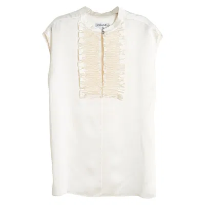 Pre-owned Chanel 2020 Top Soie Fr40 Ecru Silk Satin Smocking Sleeveless Blouse Uk12 Us10 In Brown