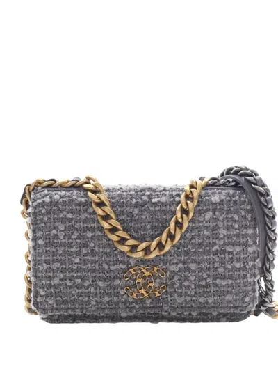 Pre-owned Chanel 2020 Tweed 19 Wallet On Chain Satchel In Gray
