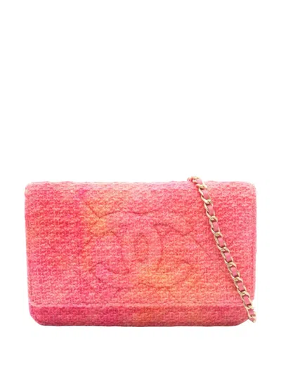 Pre-owned Chanel 2020 Tweed Cc Wallet On Chain Crossbody Bag In Pink