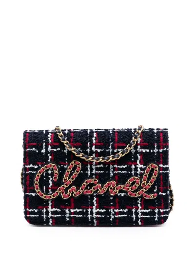 Pre-owned Chanel 2020 Tweed Written In Chain Logo Wallet On Chain Crossbody Bag In Blue