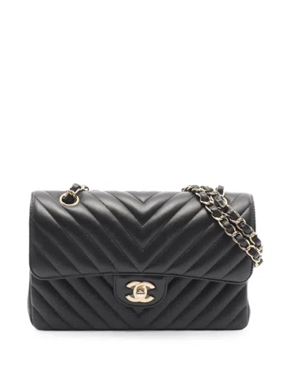 Pre-owned Chanel 2020-2021 Double Flap Chevron V-stitch Shoulder Bag In Black