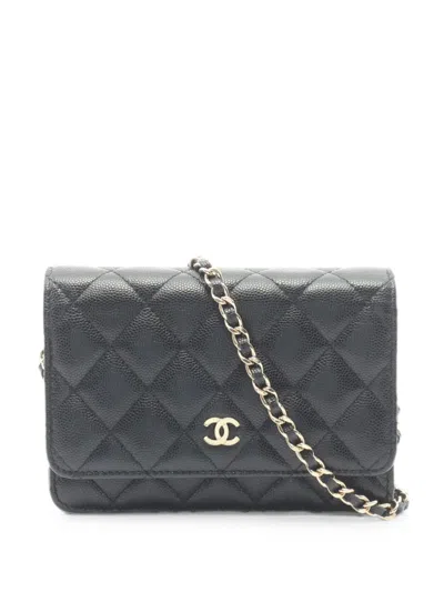 Pre-owned Chanel 2020-2021 Matelassé Caviar Chain Wallet In Black
