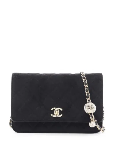 Pre-owned Chanel 2020-2021 Matelassé Rhinestone Chain Wallet In Black