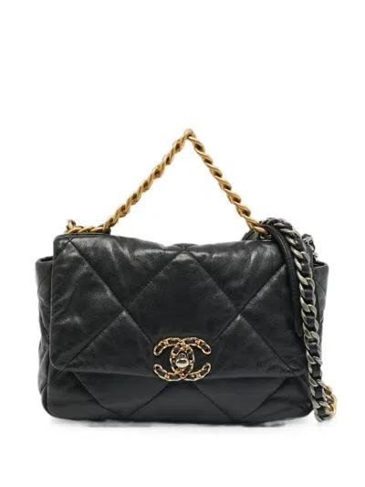 Pre-owned Chanel 2020-2021 Small 19 Flap Diamond-quilted Tote Bag In Black