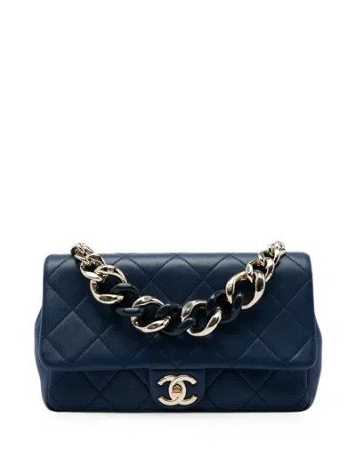 Pre-owned Chanel 2020-2022 Small Lambskin Elegant Chain Single Flap Satchel In Blue