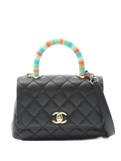Pre-owned Chanel 2021-2022 Extra-small Coco Handle Quilted-lambskin Satchel Bag In Black