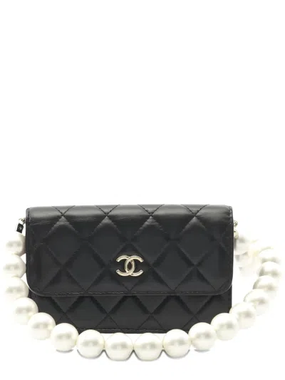 Pre-owned Chanel 2021-2022 Matelassé Pearl Chain Wallet In Black