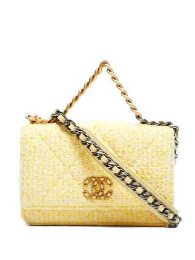 Pre-owned Chanel 2021-2023 19 Tweed Flap Chain Tote Bag In Yellow