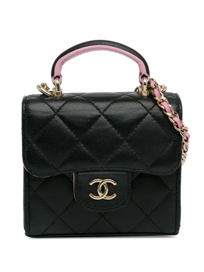 Pre-owned Chanel 2021-2023 Bicolor Lambskin Top Handle Clutch With Chain Satchel In Black