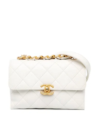 Pre-owned Chanel 2021-2023 Cc Quilted Lambskin Flap Satchel In White