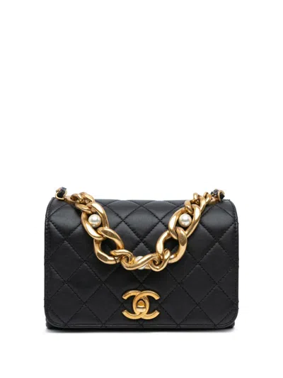 Pre-owned Chanel 2021-2023 Quilted Calfskin Pearl Jewel Chain Flap Satchel In Black