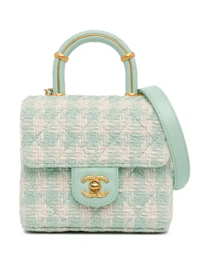 Pre-owned Chanel 2021-2023 Quilted Tweed Crush Top Handle Flap Satchel In Blue