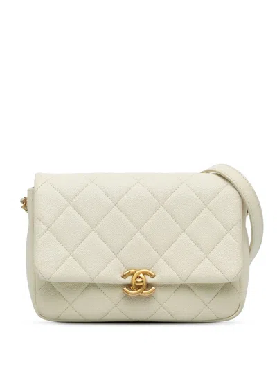 Pre-owned Chanel 2021-2023 Small Quilted Caviar Chain Melody Flap Crossbody Bag In White