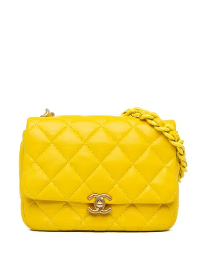 Pre-owned Chanel 2021-2023 Small Quilted Lambskin Candy Chain Flap Crossbody Bag In Yellow