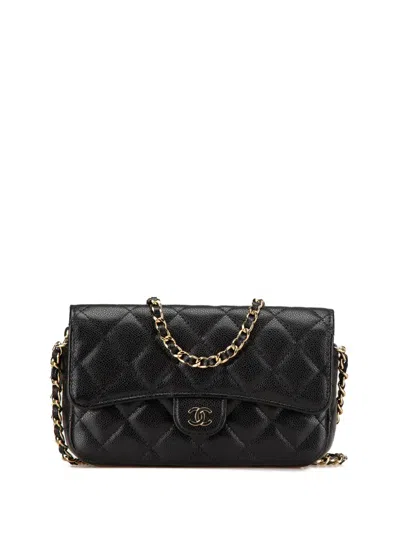 Pre-owned Chanel 2021-2024 Caviar Quilted Phone Holder Wallet On Chain Crossbody Bag In Black