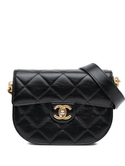 Pre-owned Chanel 2021-2024 Cc Quilted Calfskin Round Moon Messenger Flap Crossbody Bag In Black