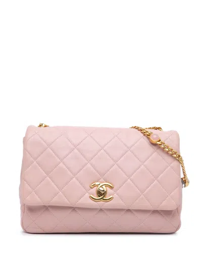 Pre-owned Chanel 2021-2024 Cc Quilted Lambskin Embellished Chain Flap Crossbody Bag In Pink