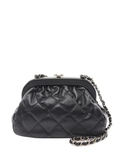 Pre-owned Chanel 2021-2024 Cc Quilted Lambskin Kiss Lock Clutch With Chain Shoulder Bag In Black