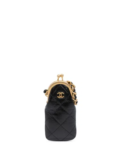 Pre-owned Chanel 2021-2024 Cc Quilted Lambskin Lipstick Case On Chain Crossbody Bag In Black