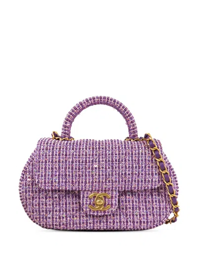 Pre-owned Chanel 2021-2024 Cc Quilted Tweed Top Handle Flap Satchel In Purple