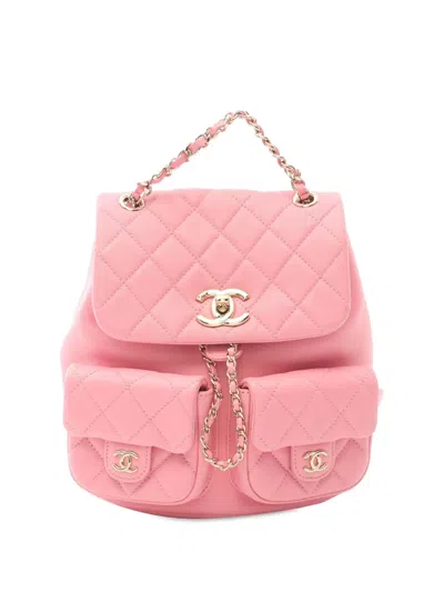 Pre-owned Chanel 2021-2024 Medium Quilted Lambskin Duma Pockets Drawstring Backpack In Pink