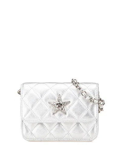 Pre-owned Chanel 2021-2024 Metallic Lambskin Crystal Star Chain Belt Bag In Silver