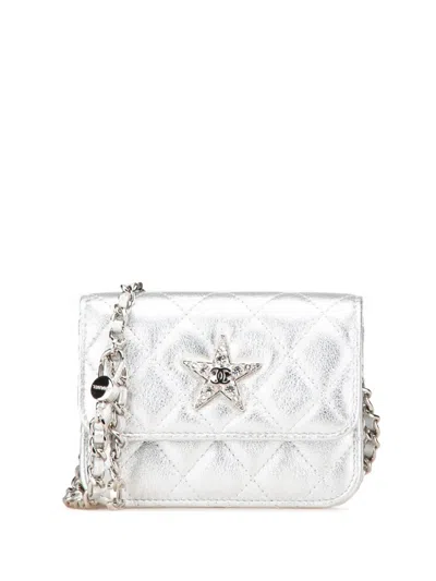 Pre-owned Chanel 2021-2024 Metallic Lambskin Crystal Star Chain Belt Bag In Silver