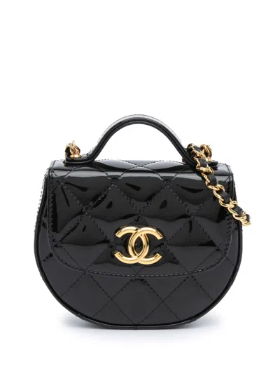Pre-owned Chanel 2021-2024 Mini Cc Quilted Patent Leather Top Handle Clutch With Chain Satchel In Black
